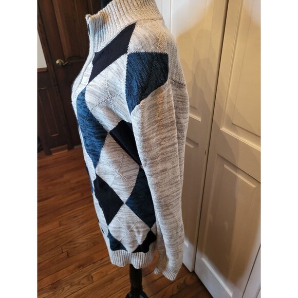Men Gray/Teal Argyle 1/4 Zip Sweater Carbon L Preppy Retro Academia Church - Picture 3 of 8